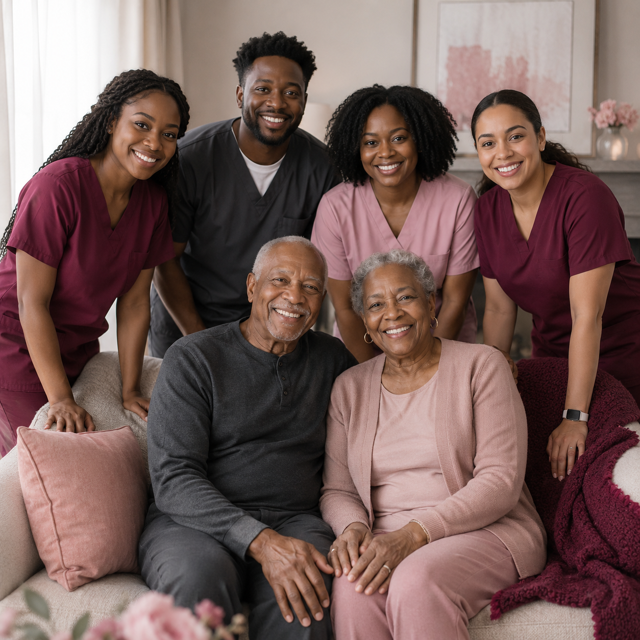 Compassionate Hearts caregivers with a smiling senior couple at home