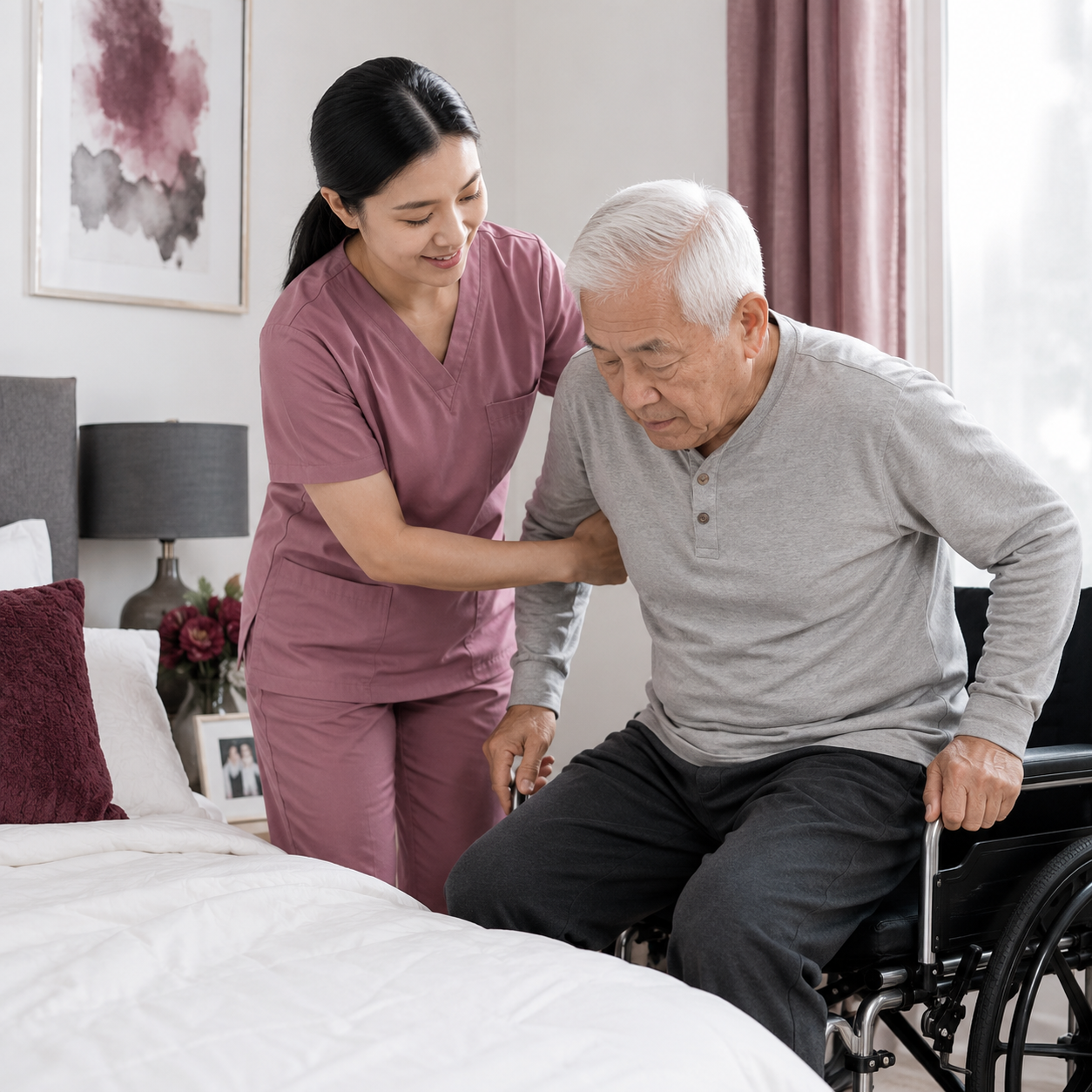 Compassionate Hearts caregiver gently assisting a senior man